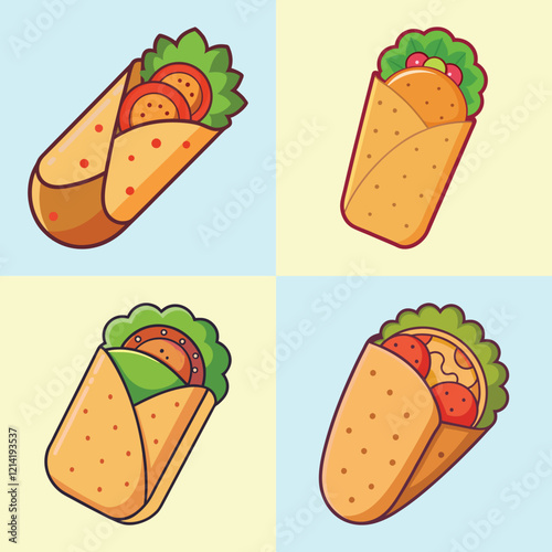 cartoon falafel wrap vector illustration in colorful grid - a vibrant illustration of four falafel wrap, perfect for logos, icons and, food themed designs