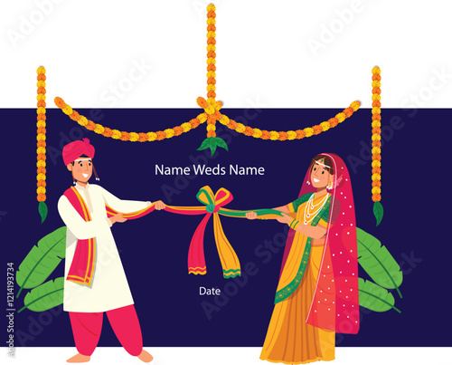 Indian Wedding Invitation Illustration with Bride and Groom An elegant invite design featuring a couple in traditional attire with floral accents.