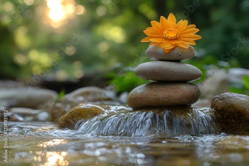 Tranquil Zen Garden Scene with Stones and Flower for Meditation and Relaxation