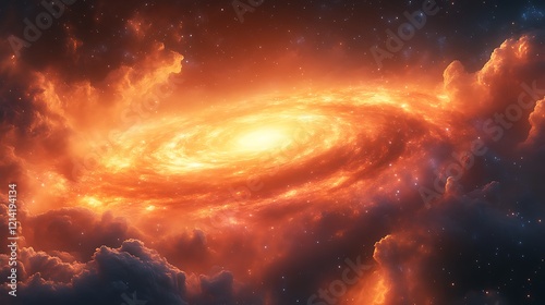 Fiery spiral galaxy amidst cosmic clouds.