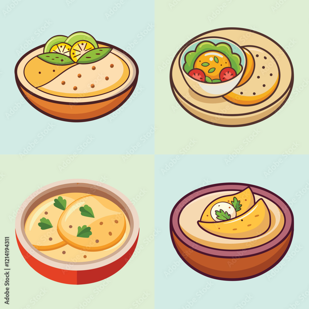 cartoon hummus with pita bread vector illustration in colorful grid - a vibrant illustration of four hummus with pita bread, perfect for logos, icons and, food themed designs cartoon hummus with pita bread vector illustration in colorful grid - a vibrant illustration of four hummus with pita bread, perfect for logos, icons and, food themed designs