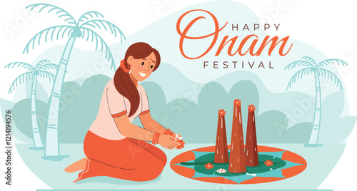 Onam Festival Illustration Featuring Floral Rangoli and Traditional Celebrations A festive scene with women in traditional attire making rangolis and enjoying the celebrations.