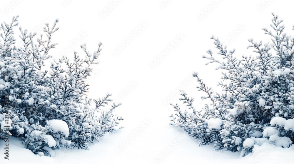 Snow-covered shrubs create a serene winter landscape in a quiet setting