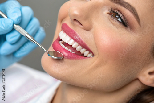 Dental consultation, mirror and woman with smile after teeth whitening,