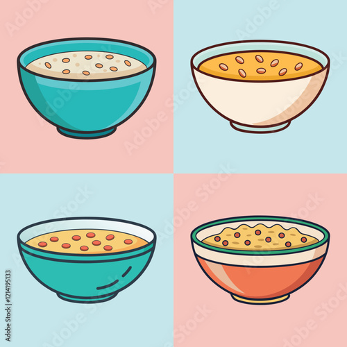 cartoon oatmeal bowl vector illustration in colorful grid - a vibrant illustration of four oatmeal bowl, perfect for logos, icons and, food themed designs