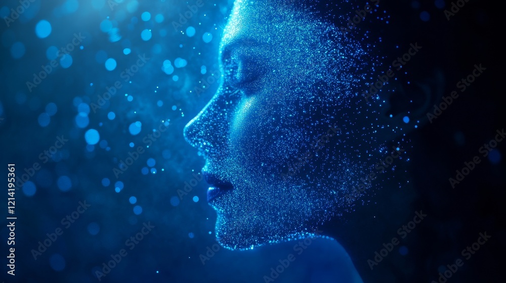 Artificial Intelligence. Female Face Constructed from Glowing Particles on Blue Background. Artificial Intelligence. Female Face Constructed from Glowing Particles on Blue Background.