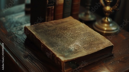 Antique Book with Glittering Dust on Wooden Table photo