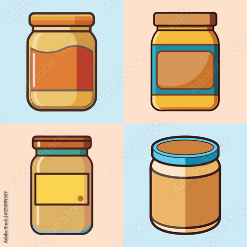 cartoon peanut butter jar vector illustration in colorful grid - a vibrant illustration of four peanut butter jar, perfect for logos, icons and, food themed designs