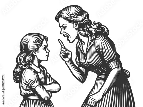 angry mother scolding her sad daughter, capturing emotion and tension in a vintage style sketch engraving generative ai vector illustration. Scratch board imitation. Black and white image.