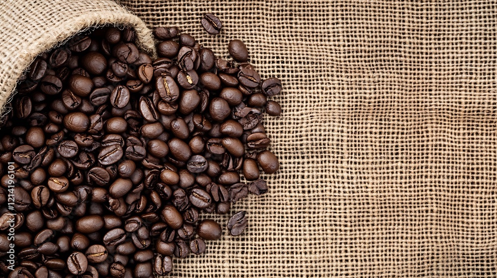 Raw coffee beans spilling from burlap sack rustic and organic coffee ingredient background : Generative AI Raw coffee beans spilling from burlap sack rustic and organic coffee ingredient background : Generative AI