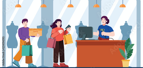 Retail Shopping Illustration with Customers and Cashier Interaction A lively retail shop with customers checking out at the cashier.