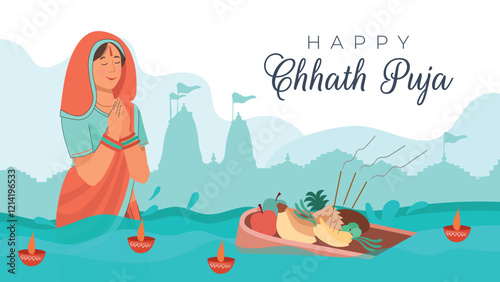 Sacred Chhath Puja Rituals by the Waterfront Illustration Devotees performing Chhath Puja rituals by a river with offerings.