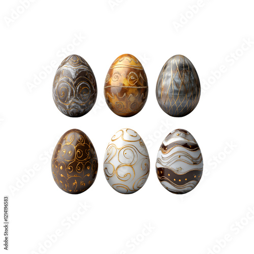 Set of 6 luxury easter eggs with gold details, perfectly set apart isolated on transparent background, PNG format