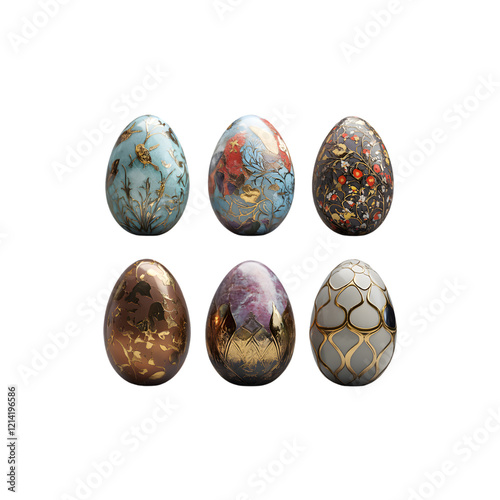 Set of 6 luxury easter eggs with gold details, perfectly set apart isolated on transparent background, PNG format