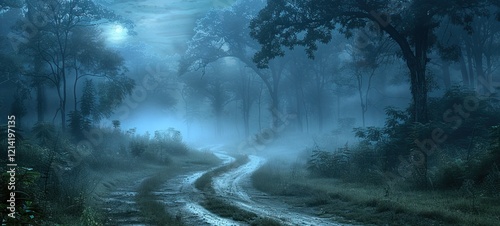 A misty forest scene at twilight, featuring a winding dirt path surrounded by tall trees. The atmosphere is serene and mysterious, with soft blue tones and fog enveloping the landscape. photo