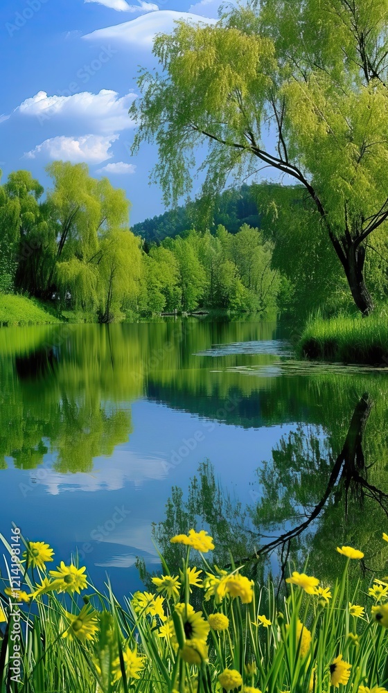 Fototapeta premium A serene landscape featuring a calm river surrounded by lush greenery and trees. 