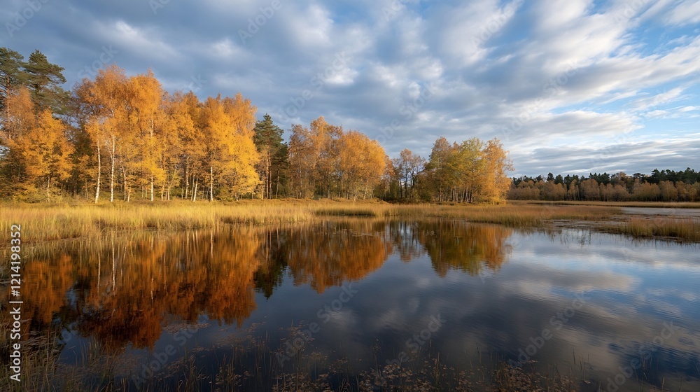 Serene Autumn Landscape with Reflective Lake and Golden Birch Trees : Generative AI Serene Autumn Landscape with Reflective Lake and Golden Birch Trees : Generative AI