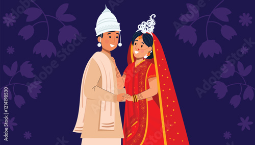 Traditional Bengali Wedding Couple Illustration with Bridal Attire A Bengali bride and groom in traditional wedding wear with sindoor and topor.