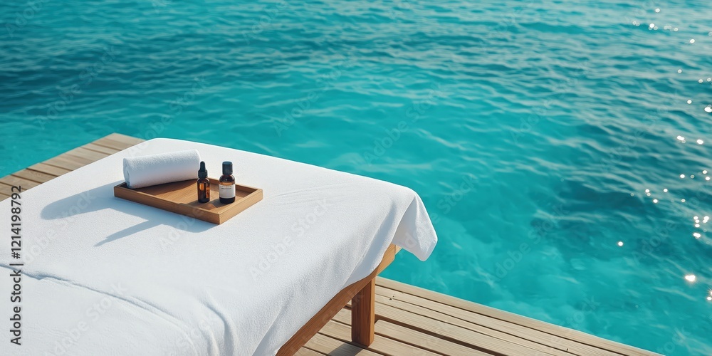Fototapeta premium A luxurious massage table covered in white linens with a small tray of essential oils