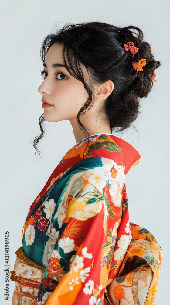 Elegant Woman in Vibrant Red and Green Kimono with Floral Patterns – Traditional Japanese Portrait on White Background Elegant Woman in Vibrant Red and Green Kimono with Floral Patterns – Traditional Japanese Portrait on White Background