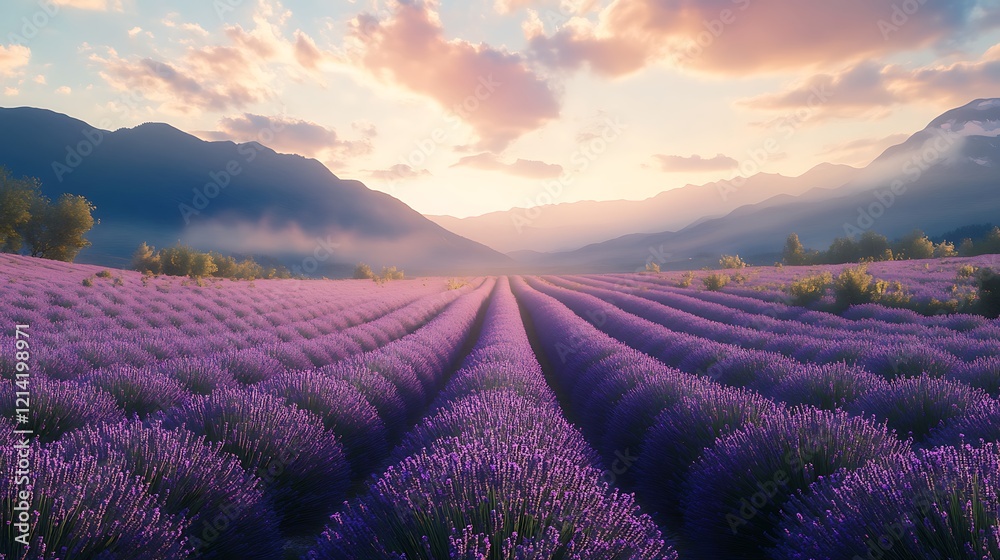 lavender flowers fields under soft sunlight with scenic mountain views lavender flowers fields under soft sunlight with scenic mountain views