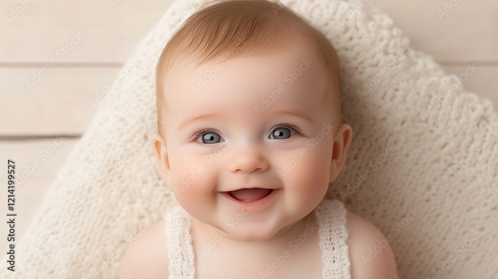 Joyful Happy Baby Smiling with Bright Eyes and Knitted Blanket Background : Generative AI Joyful Happy Baby Smiling with Bright Eyes and Knitted Blanket Background : Generative AI