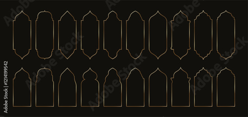 Gold Islamic windows. Arabic golden arch, Ramadan Kareem frames. Eid Mubarak oriental mirror borders, Arabian architecture door and gate. Vector isolated set.