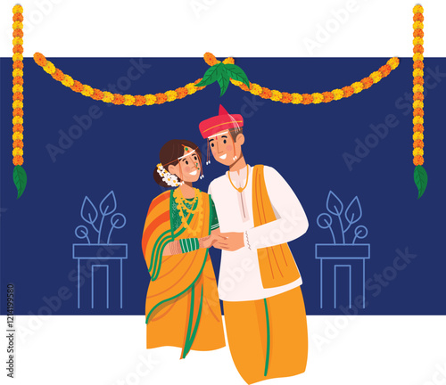 Traditional Marathi Wedding Couple Illustration with Garlands A Marathi couple in regional wedding attire, exchanging garlands.