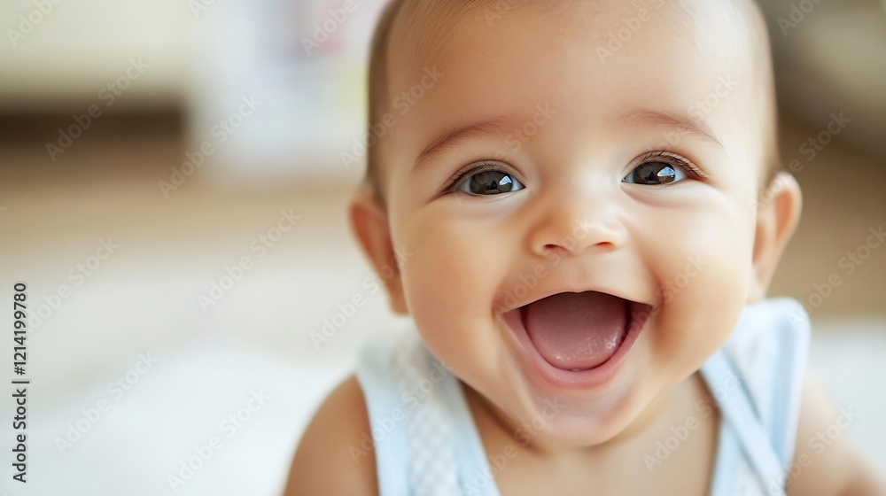 Smiling Happy Baby with Brown Eyes in Soft White Sleeveless Onesie on Blurred Background : Generative AI Smiling Happy Baby with Brown Eyes in Soft White Sleeveless Onesie on Blurred Background : Generative AI