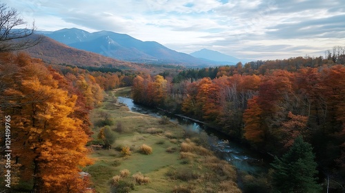 Breathtaking autumn mountain landscape with vibrant foliage and serene winding river : Generative AI