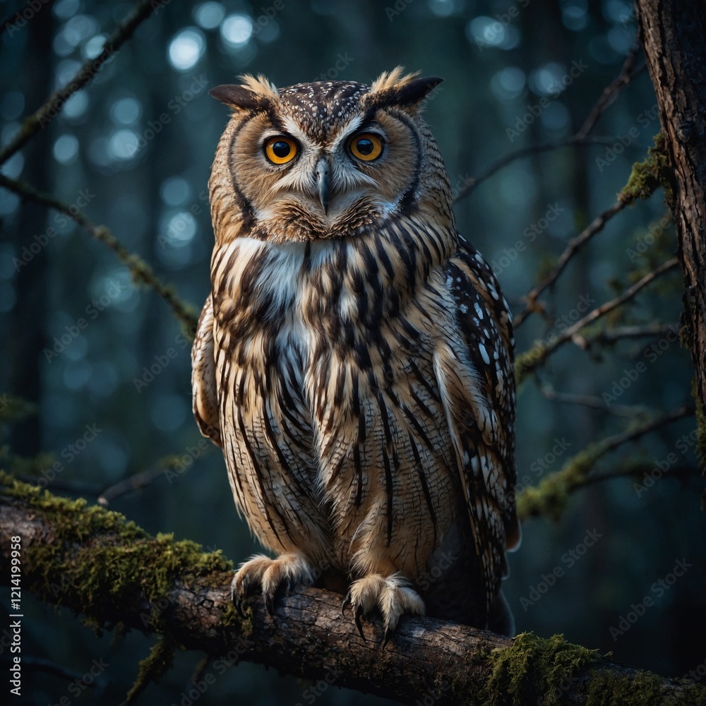 A wise-looking owl perched on a branch in a moonlit forest. A wise-looking owl perched on a branch in a moonlit forest.