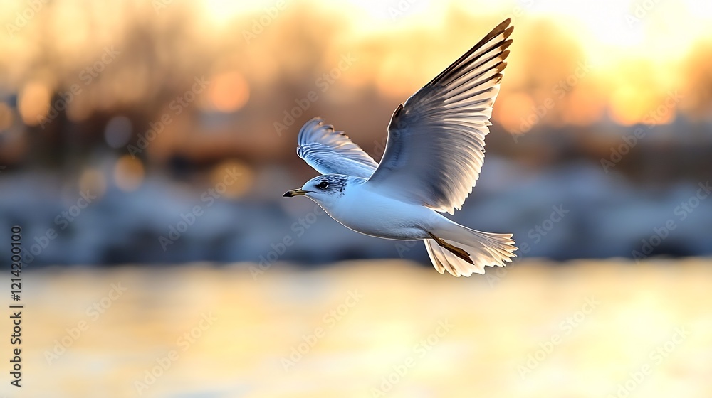 Graceful Seagull in Flight Over Tranquil Water at Sunset with Golden Light Background : Generative AI