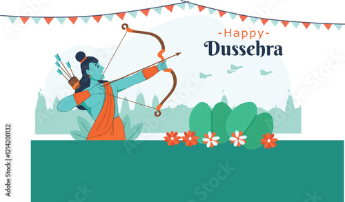 Triumphant Lord Rama in Dussehra Celebration Illustration Lord Rama with a bow and arrow, defeating Ravana in a vibrant Dussehra scene.
