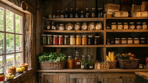 A rustic farm store selling organic goods, with wooden shelves displaying jars of preserves, honey, and fresh vegetables