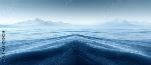 Misty mountains reflected on calm ocean water. photo