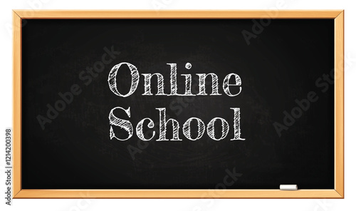 Online school blackboard. Back to school, online learning message on black chalkboard with wooden frame, 3D realistic banner template. Vector concept.