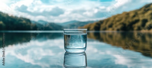 Glass of Refreshing Water with Tranquil Lake and Mountain Reflection Embracing Nature s Purity photo