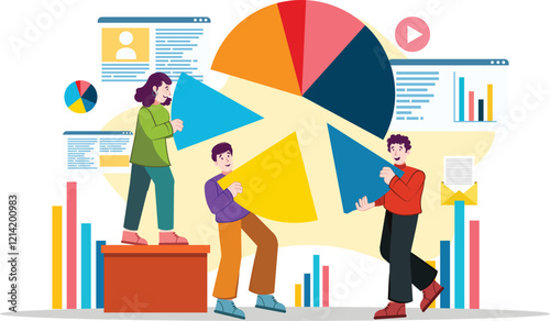 Business Strategy Illustration with Pie Chart and Team Collaboration Features a diverse team discussing strategies with pie charts and graphs.