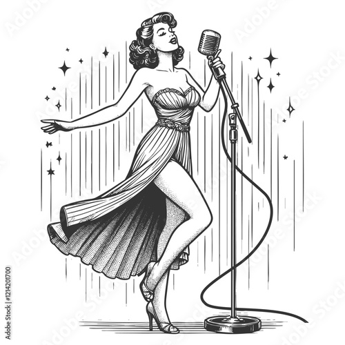 woman in a tight evening dress singer holding a microphone the classic style sketch engraving generative ai fictional character vector illustration. Scratch board imitation. Black and white image.