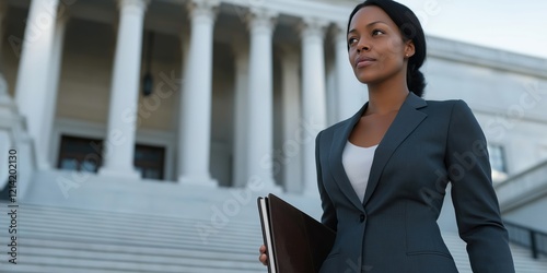 A poised female lawyer in a tailored charcoal suit, confidently holding a leather portfolio while ascending the grand steps of an iconic courthouse