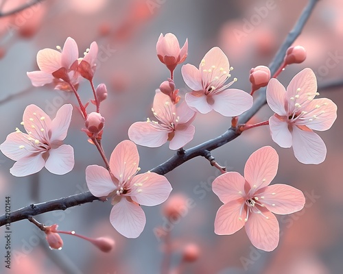 Delicate pink blossoms on a branch.