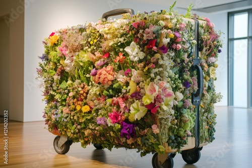 Unique floral suitcase displayed in contemporary art gallery showcasing nature's beauty in urban setting photo