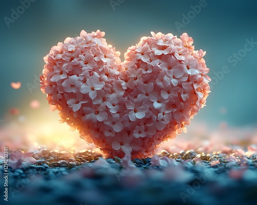 Heart-shaped floral arrangement at sunset.