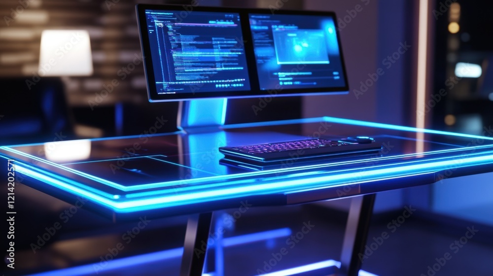 Fototapeta premium Futuristic computer desk featuring illuminated edges and dual monitors displaying code and data visualization, creating a high tech workspace in a dark room
