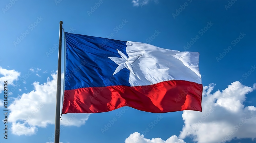 Naklejka premium Chilean National Flag Proudly Flies Against Clear Blue Sky Signifying Heritage and Unity : Generative AI