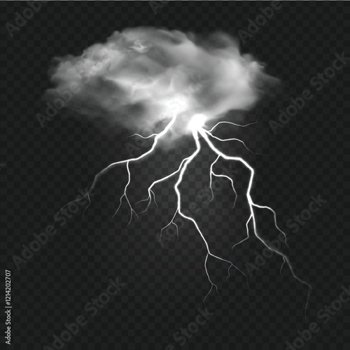 Realistic lightning cloud. White cloud and lightning bolt isolated on transparent dark background. Thunderstorm electric flash effect. Thunderbolt Vector illustration.