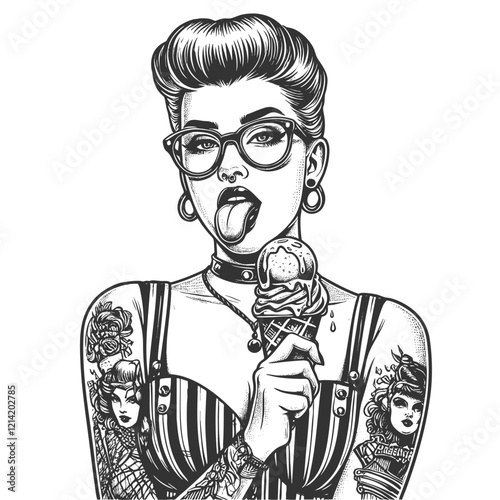 Edgy punk woman enjoying an ice cream cone, mohawk, tattoos sketch engraving generative ai fictional character vector illustration. Scratch board imitation. Black and white image.