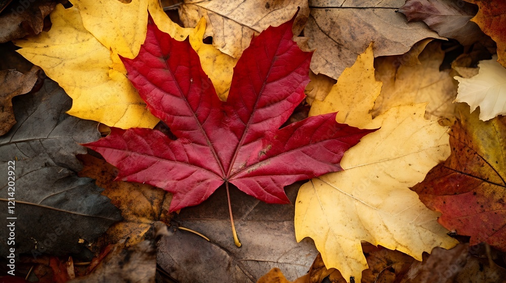 Vibrant red maple leaf amid autumn foliage in a stunning natural setting : Generative AI Vibrant red maple leaf amid autumn foliage in a stunning natural setting : Generative AI