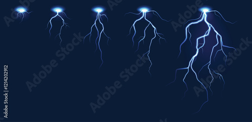 Lightning animation. Lightnings sprite sheet, thunderbolt purple strikes, realistic thunderstorm electric impact. Vector game fx animation storyboard isolated set.