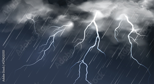 Realistic rain with lightning. Thunderclouds and lightnings on dark sky. Rainy thunderstorm autumn weather. Thunderbolts in overcast sky vector background.